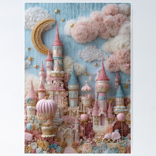 Item preview, Pastel Fairytale Castle Under Crescent Moon Sky designed and sold by DreamyPixelsArt.
