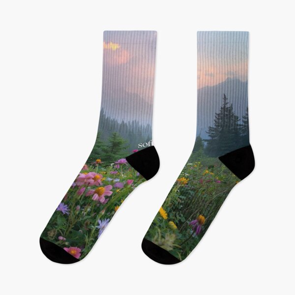 Item preview, Soft Life — Dreamy Wildflower Field Morning Fog Mountain Aesthetic Cottagecore Nature Art Print Gift Women designed and sold by Sixième Studio.