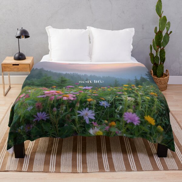 Item preview, Soft Life — Dreamy Wildflower Field Morning Fog Mountain Aesthetic Cottagecore Nature Art Print Gift Women designed and sold by Sixième Studio.
