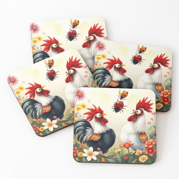 Item preview, Funny Rooster Duo & Lucky Ladybug in Flower Garden designed and sold by Serene Strokes Art.