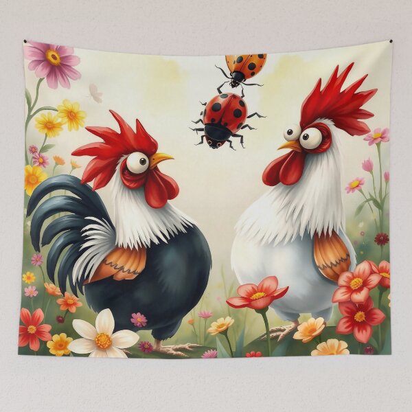 Item preview, Funny Rooster Duo & Lucky Ladybug in Flower Garden designed and sold by Serene Strokes Art.