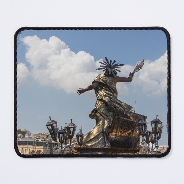 Item preview, Religious Procession Statue On Ornate Float With Spanish Flag Against Clear Blue Sky designed and sold by Nmallia.