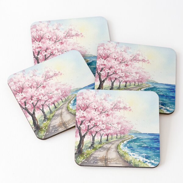 Item preview, Cherry Blossom Coastal Road Watercolor – Sakura Trees by the Sea Landscape Art designed and sold by Y-MOONSTAR.