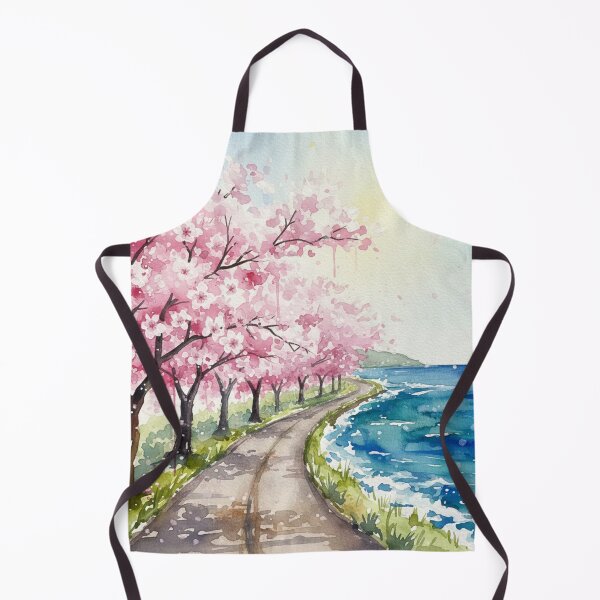Item preview, Cherry Blossom Coastal Road Watercolor – Sakura Trees by the Sea Landscape Art designed and sold by Y-MOONSTAR.