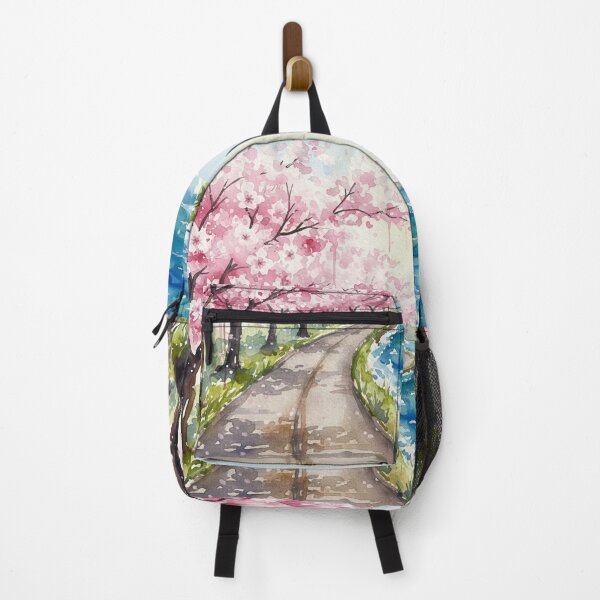 Item preview, Cherry Blossom Coastal Road Watercolor – Sakura Trees by the Sea Landscape Art designed and sold by Y-MOONSTAR.