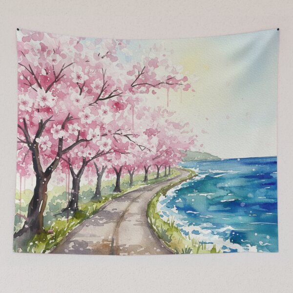Item preview, Cherry Blossom Coastal Road Watercolor – Sakura Trees by the Sea Landscape Art designed and sold by Y-MOONSTAR.