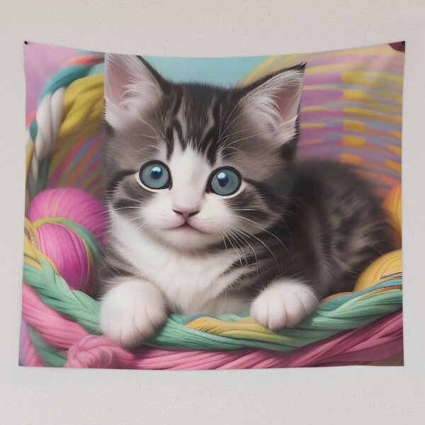 Item preview, Dreamy Grey Kitten in a Soft Pastel Basket designed and sold by Serene Strokes Art.