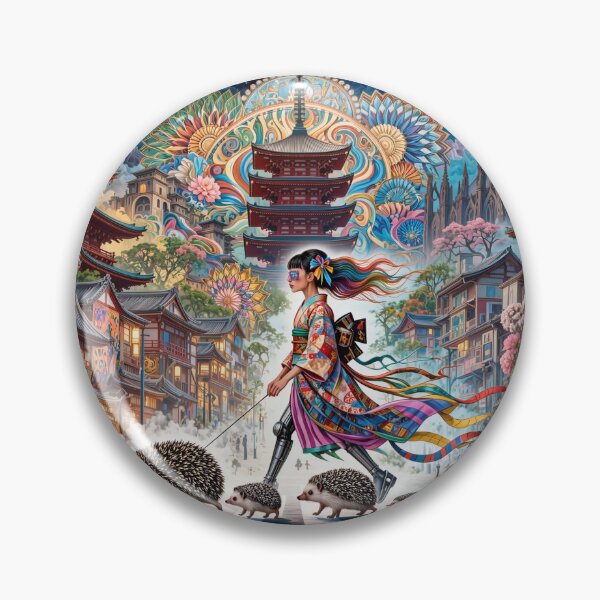 Item preview, Geisha in Kimono with Hedgehogs on Japanese Street Crossing designed and sold by M-Y-A-R-T-.