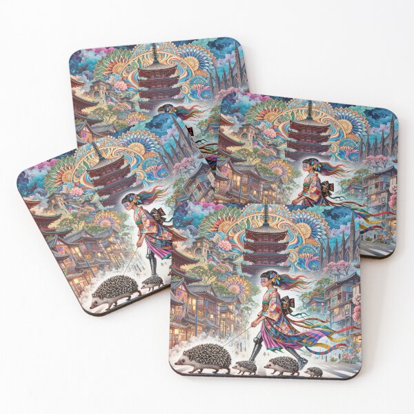 Item preview, Geisha in Kimono with Hedgehogs on Japanese Street Crossing designed and sold by M-Y-A-R-T-.