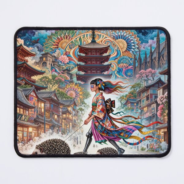 Item preview, Geisha in Kimono with Hedgehogs on Japanese Street Crossing designed and sold by M-Y-A-R-T-.