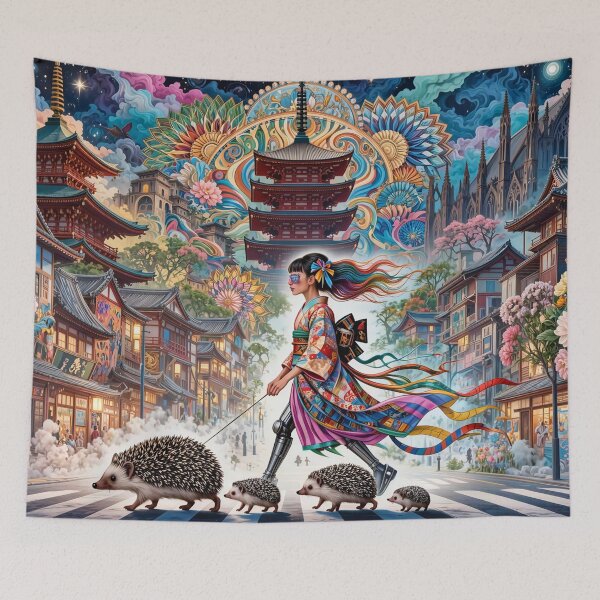 Item preview, Geisha in Kimono with Hedgehogs on Japanese Street Crossing designed and sold by M-Y-A-R-T-.