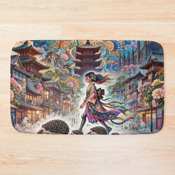 Item preview, Geisha in Kimono with Hedgehogs on Japanese Street Crossing designed and sold by M-Y-A-R-T-.