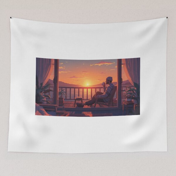 Item preview, Golden Hour Balcony Vibe - Cozy Lofi Guy with Coffee and Book designed and sold by fotoNoz.