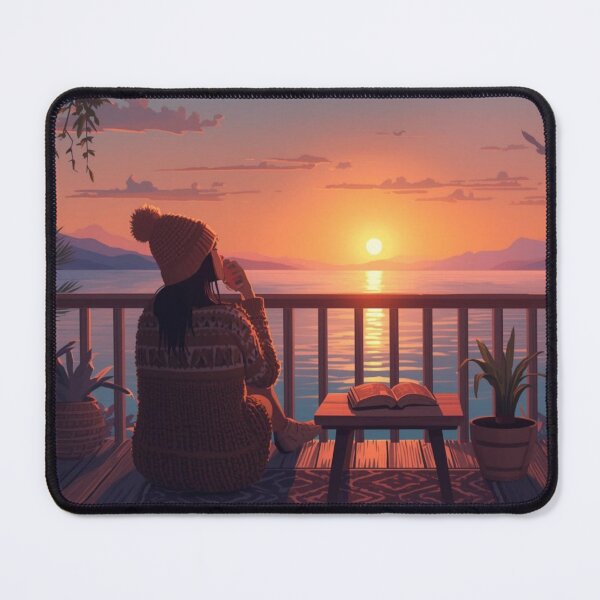 Item preview, Sunset Balcony Vibes - Cozy Lofi Aesthetic Girl with Coffee and Book designed and sold by fotoNoz.
