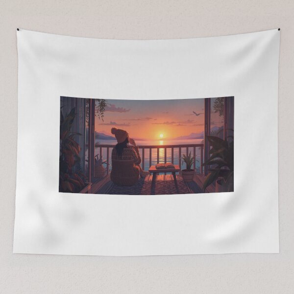 Item preview, Sunset Balcony Vibes - Cozy Lofi Aesthetic Girl with Coffee and Book designed and sold by fotoNoz.