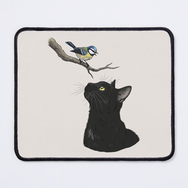 Item preview, Curious Black Cat Bird Watching Eurasian Blue Tit Nature Art designed and sold by Cipher & Soul.