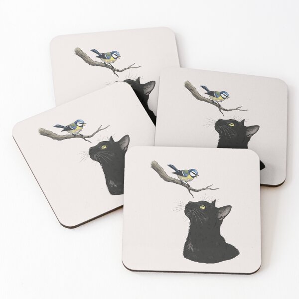 Item preview, Curious Black Cat Bird Watching Eurasian Blue Tit Nature Art designed and sold by Cipher & Soul.
