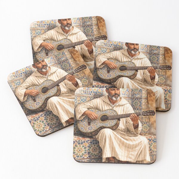 Item preview, Moroccan Man Playing Guitar on Zellij Background designed and sold by Hafcishop.