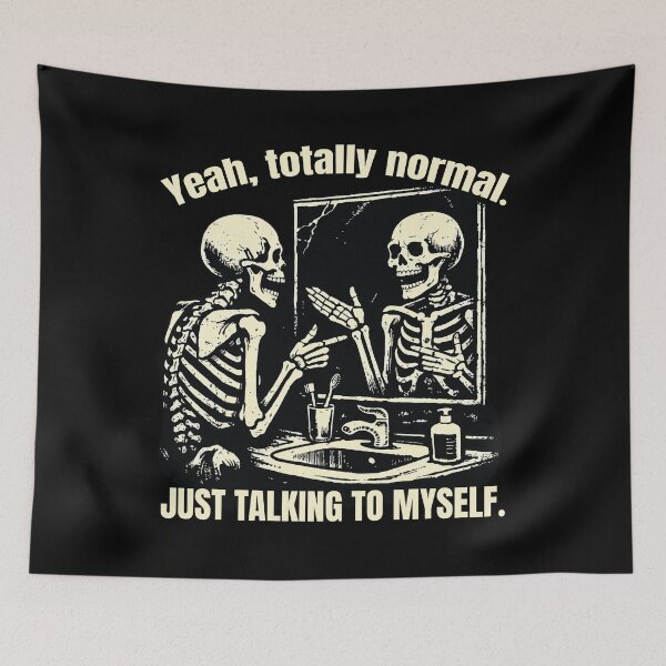 Item preview, Talking To Myself Skeleton Mirror Retro Woodcut Graphic designed and sold by wtfbba.