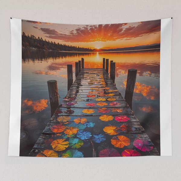 Item preview, Colorful Lily Pads on Dock at Sunset – Peaceful Lake Reflection Art designed and sold by BeautifulVirtues.