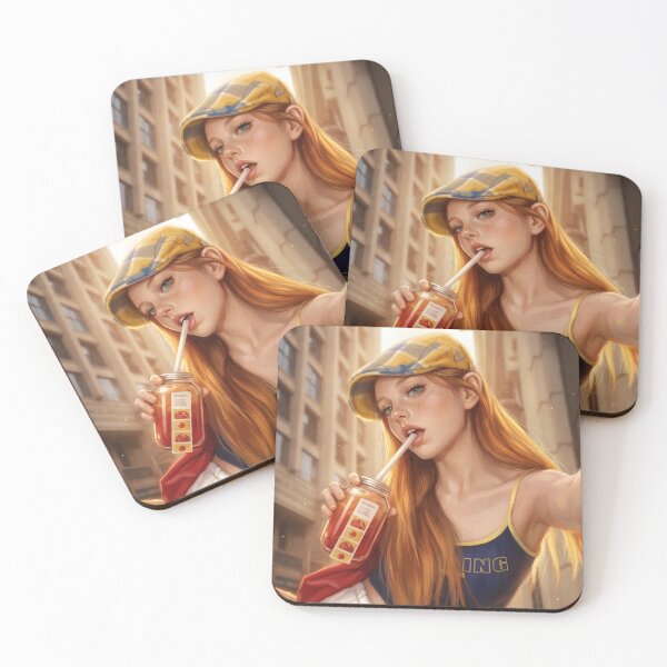 Item preview, Summer City Girl, Cinematic Portrait Art, Redhead, Newsboy Cap, Iced Tea Selfie designed and sold by ATOMIC 60.