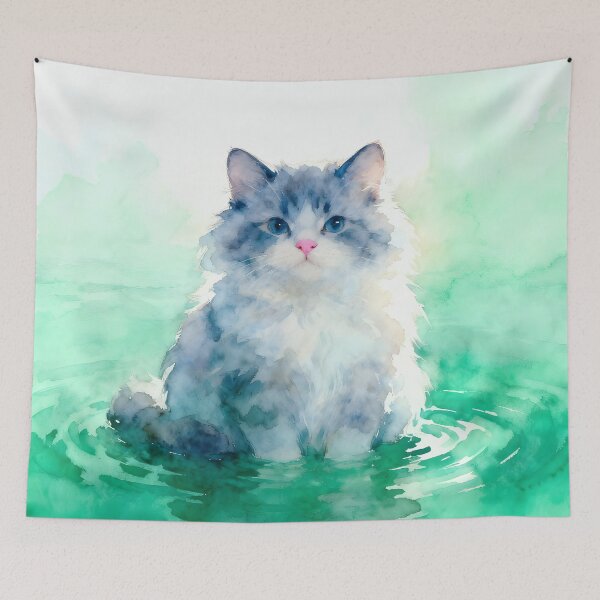 Item preview, Fluffy Blue Kitten in Teal Water designed and sold by Shelley Loewnau-Jones Studio.