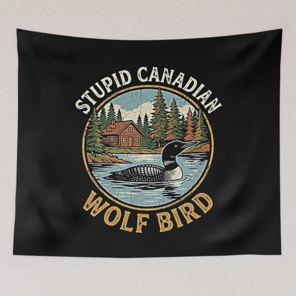 Item preview, Stupid Canada Wolf Bird Loon Lake Cabin Forest Circle Badge designed and sold by graphixpolash.