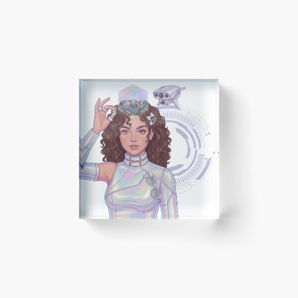 Item preview, Holographic Cyber Girl Data Cube Sticker Futuristic Tech Aesthetic Curly Hair Sci Fi Baddie Art designed and sold by Wander & Whim Designs.