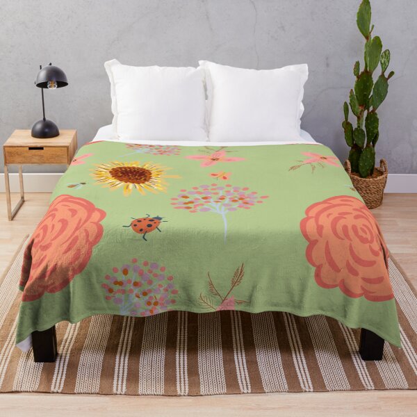 Item preview, Cottagecore Whimsical Floral Garden Throw Pillow | Sunflower Peony Bee Ladybug Sage Green designed and sold by FestivityFinds.