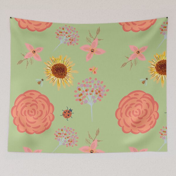 Item preview, Cute Spring Wildflower Pattern with Sunflower Rose Bee Ladybug Butterfly Sage Green designed and sold by FestivityFinds.