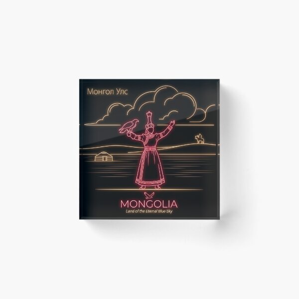 Item preview, Mongolia Neon Art Print — Mongolian Eagle Hunter Woman Acrylic Block — Mongolia Travel Gift — Central Asia designed and sold by LSE Prints.