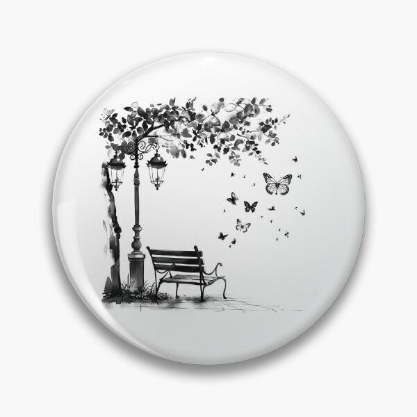 Item preview, Butterflies and Park Bench Black and White Whimsical Illustration designed and sold by inkoutninja.