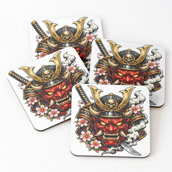 Item preview, Japanese Oni Samurai Skull Mask - Neo-Traditional Bushido Katana & Cherry Blossom Art designed and sold by Psychlee Best Finds.