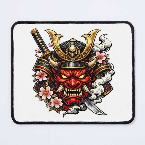 Item preview, Japanese Oni Samurai Skull Mask - Neo-Traditional Bushido Katana & Cherry Blossom Art designed and sold by Psychlee Best Finds.