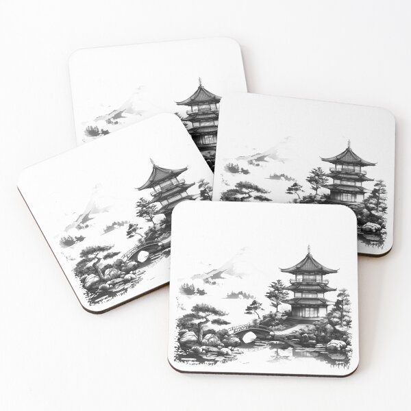 Item preview, Japanese Pagoda Landscape Black and White Zen Illustration designed and sold by inkoutninja.