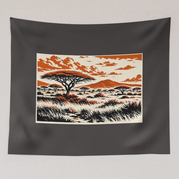 Item preview, African Savanna Linocut Art – Retro Three Tone Landscape Wall Art Poster designed and sold by DrizzyV.
