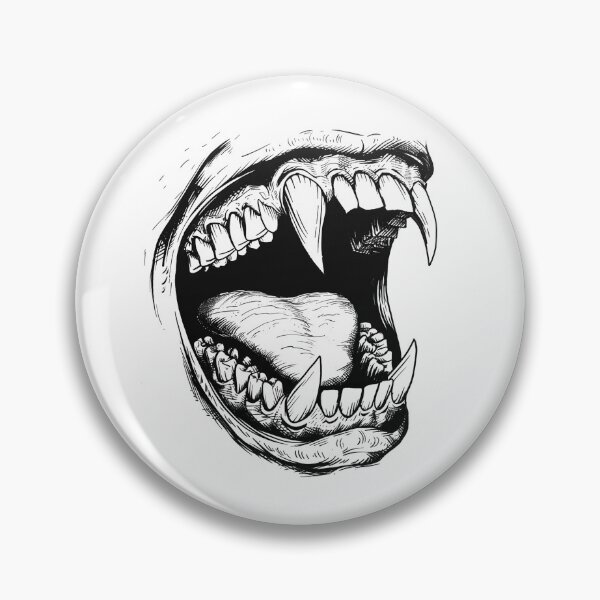 Artikelvorschau, Vampirzähne, offener Mund, düstere Horror-Illustration entworfen und verkauft von inkoutninja.