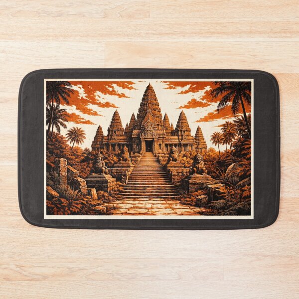 Item preview, Ancient Temple Linocut Art – Majestic Jungle Temple Retro Wall Art designed and sold by DrizzyV.