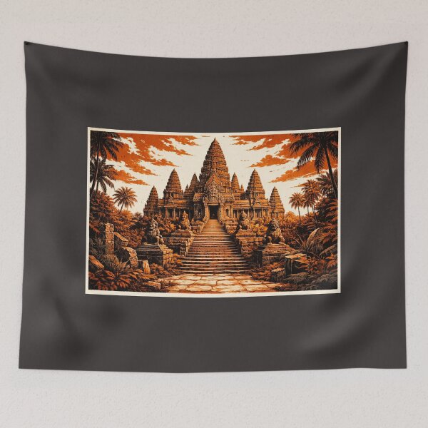 Item preview, Ancient Temple Linocut Art – Majestic Jungle Temple Retro Wall Art designed and sold by DrizzyV.