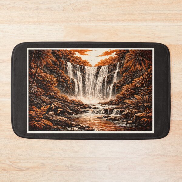 Item preview, Amazon Waterfall Linocut Art – Tropical Jungle Waterfall Retro Poster designed and sold by DrizzyV.