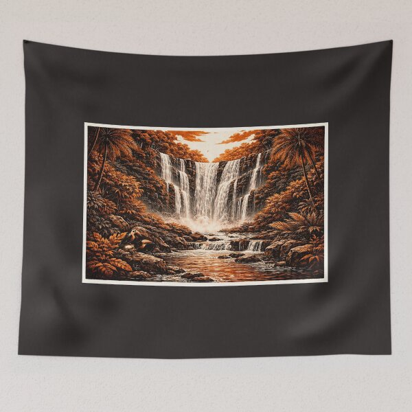 Item preview, Amazon Waterfall Linocut Art – Tropical Jungle Waterfall Retro Poster designed and sold by DrizzyV.