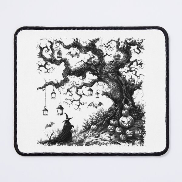 Item preview, Haunted Halloween Tree Witch and Pumpkins Dark Gothic Illustration designed and sold by inkoutninja.