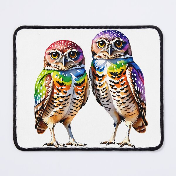Item preview, two colorful burrowing owls designed and sold by Mia's Menagerie.