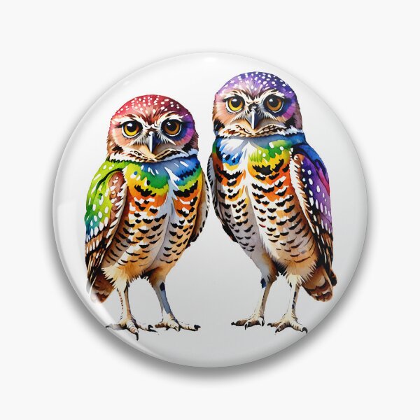 Item preview, two colorful burrowing owls designed and sold by Mia's Menagerie.
