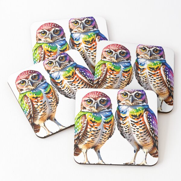 Item preview, two colorful burrowing owls designed and sold by Mia's Menagerie.