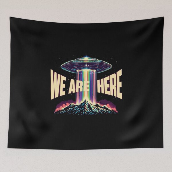 Item preview, We Are Here UFO Neon Art • Retro Sci‑Fi Illustration • Colorful Cosmic Beam Design designed and sold by Bright Nest Studio.
