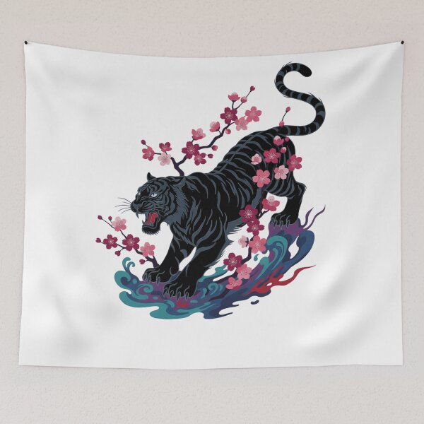 Item preview, Black Japanese Tiger & Cherry Blossoms designed and sold by Ossvio.