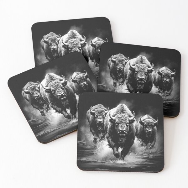 Item preview, Charging Bison Herd Black and White Wildlife Illustration designed and sold by inkoutninja.