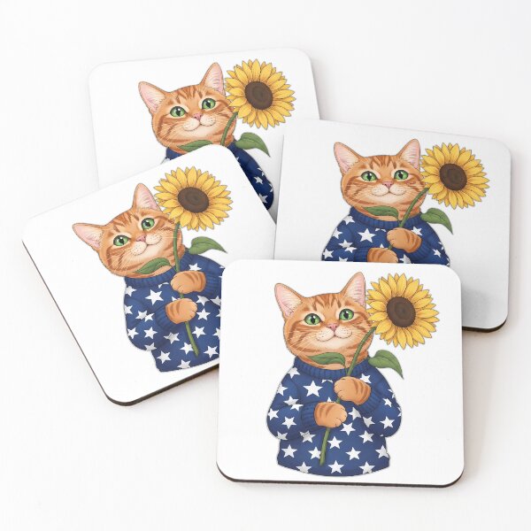 Aperçu de l'œuvre Chat tigré orange, pull étoilé, tige de tournesol créée et vendue par pumsquare.