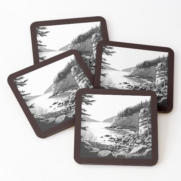 Item preview, Rocky Coastal Cliff Black and White Nature Landscape Illustration designed and sold by inkoutninja.